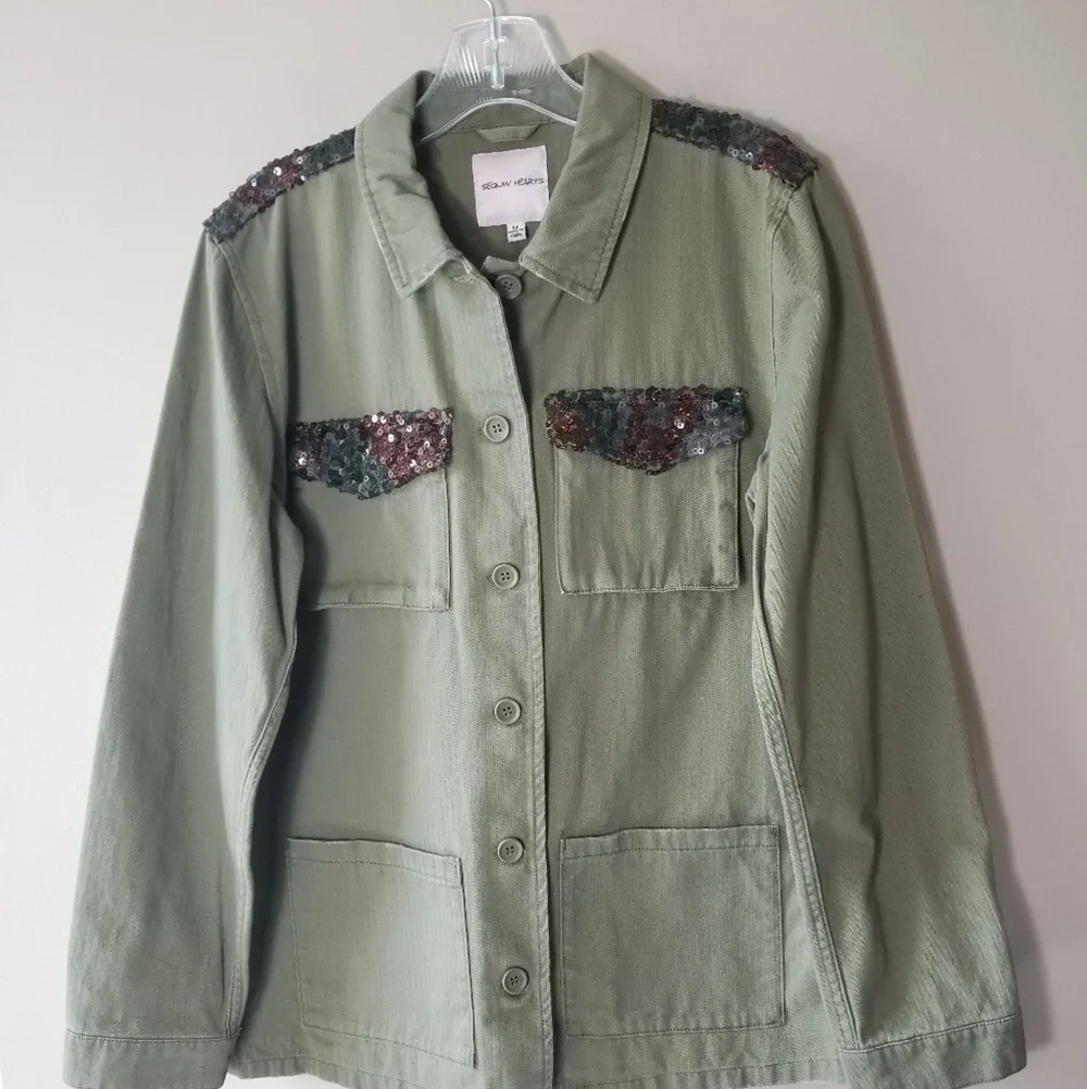 NEW! SEQUIN HEARTS Army Utility Jacket Coat Sequin Detail Medium.